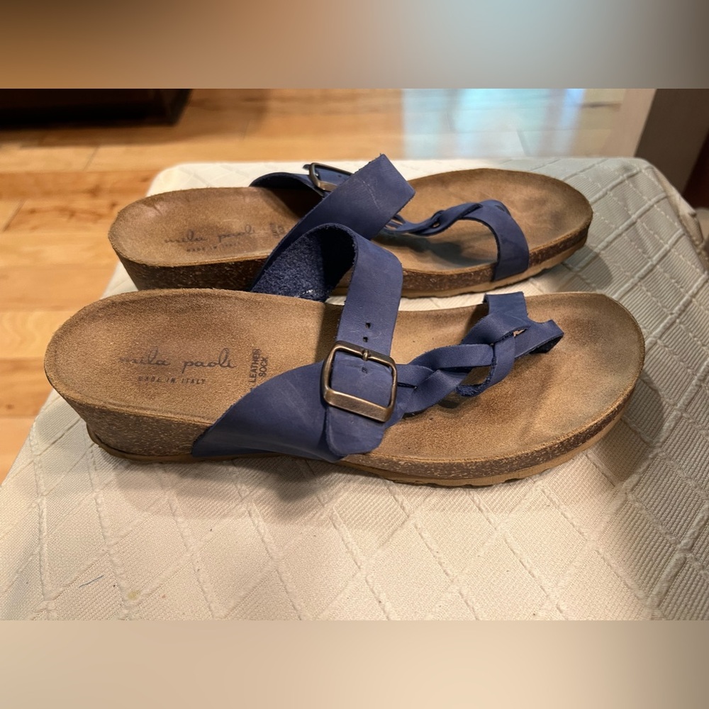 Mila Paoli Blue Braided Leather Sandals Cork Footbed Made in Italy Womens 9 - Picture 2 of 5